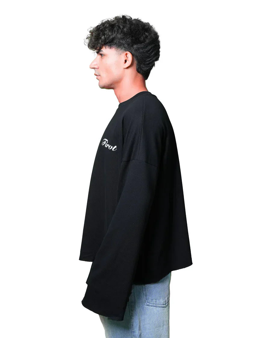Black Oversized Ribbed T-Shirt with Minimal Text Print