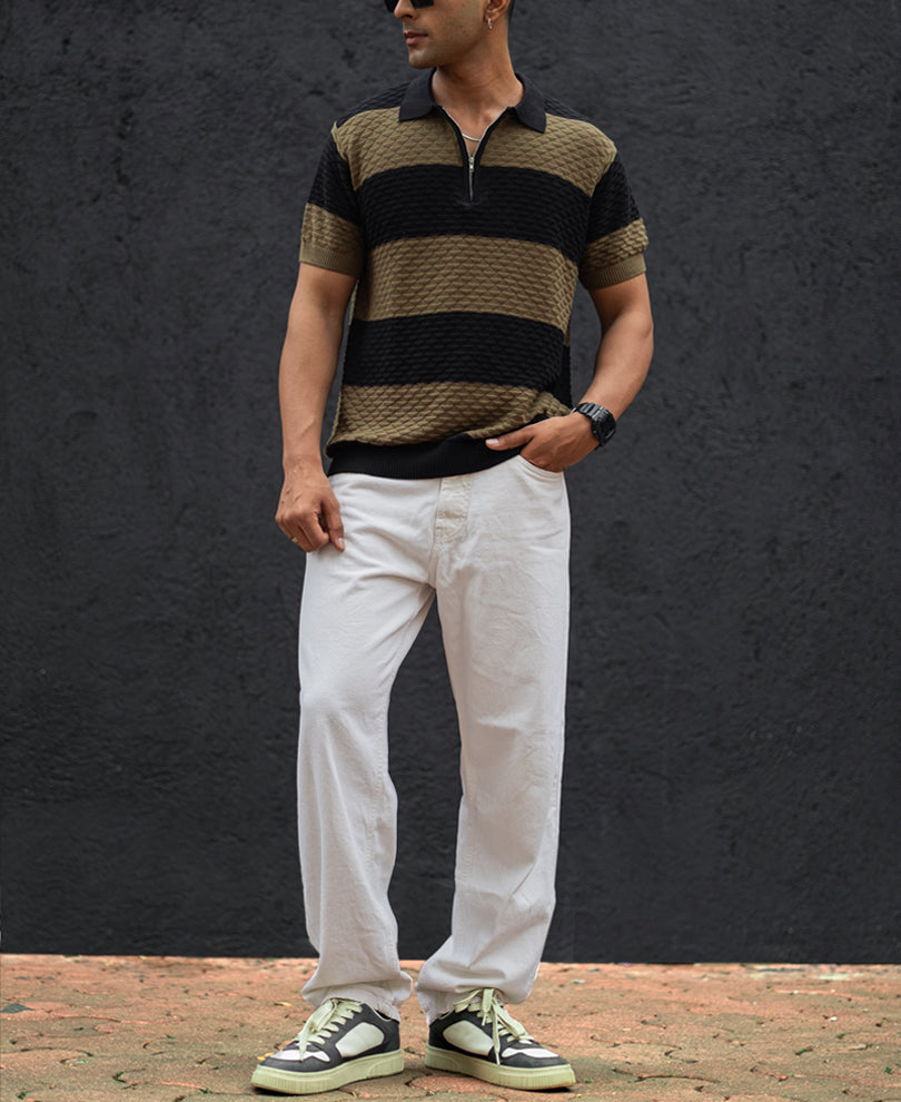 Olive Green and Black Structured Striped Regular Half Sleeves T Shirt