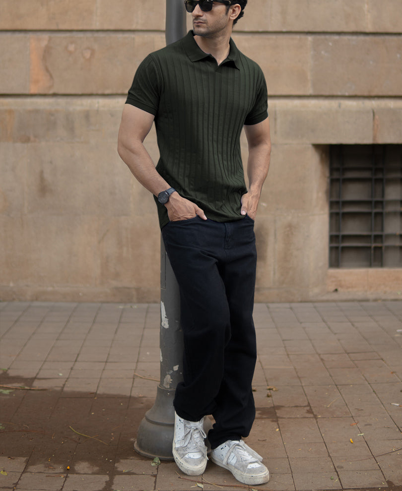Dark Olive Self Stripe T-Shirt