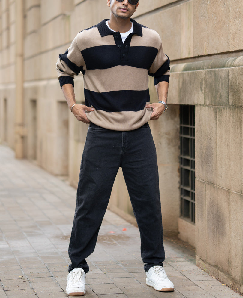 Beige And Black Striped Polo T-Shirt