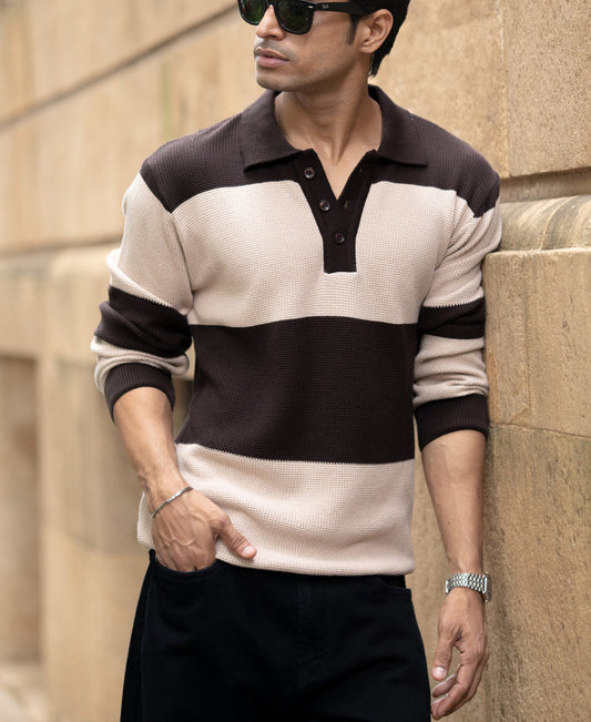 Brown Structured Knit Striped T-Shirt