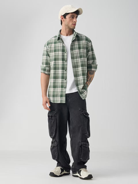 Men’s Green Linen Blend Check Shirt