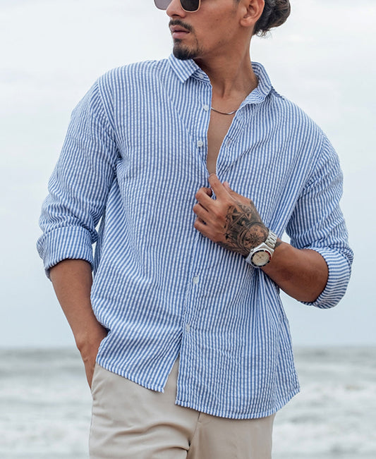 Blue and White Regular fit Striped Full Sleeves Shirt