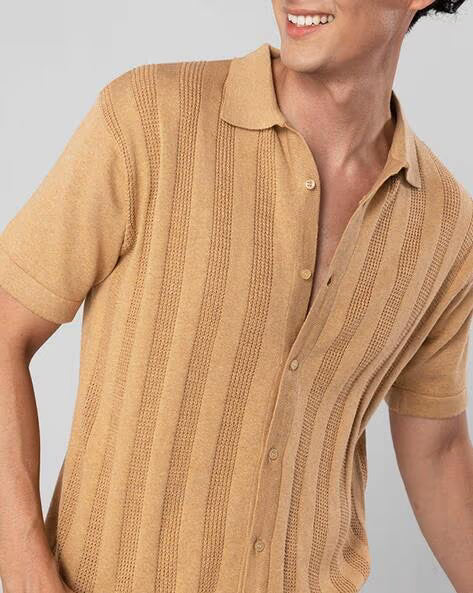 Men’s Beige Ribbed Polo T-Shirt | Premium Slim Fit Casual Wear