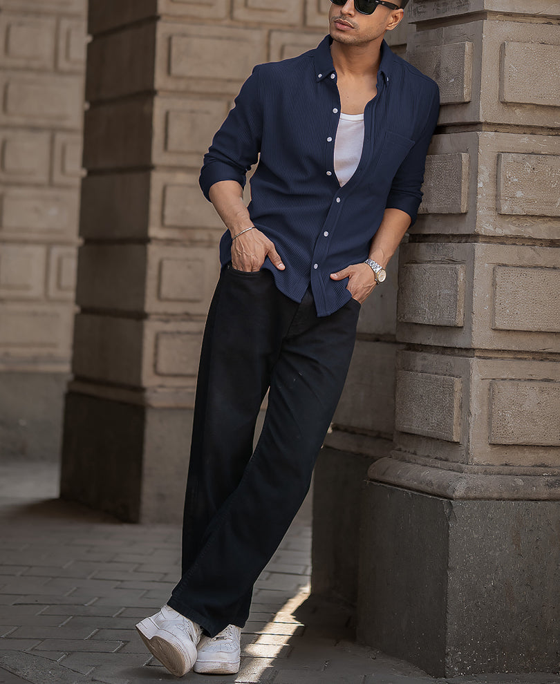 Blue Corduroy Regular Fit Full Sleeves Shirt