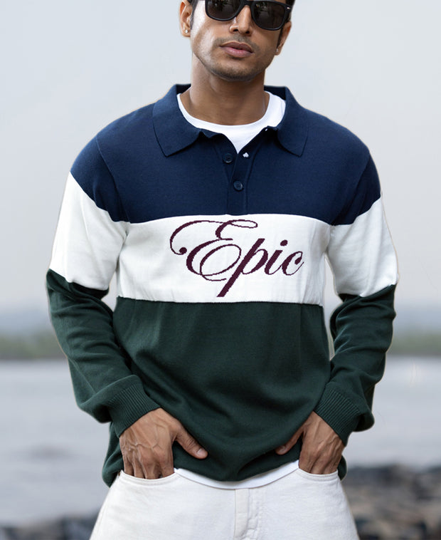 Navy And Green Panelled Polo T-Shirt