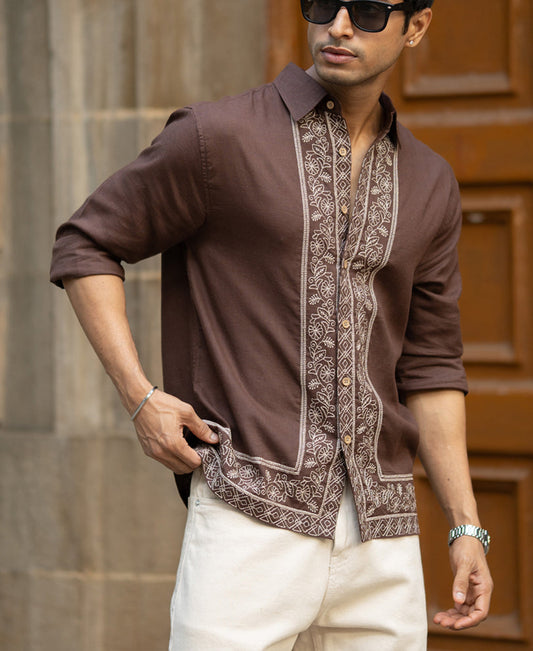 Dark Brown Linen Blend Embroidery Shirt