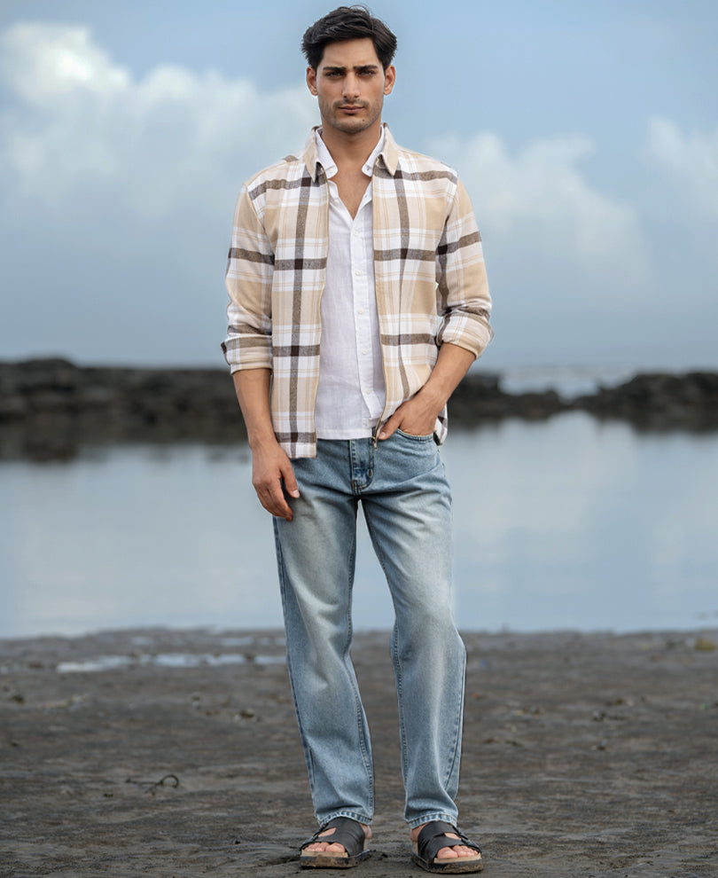 Beige Checks Zipper Overshirt