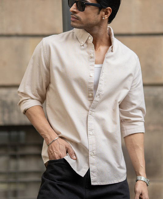 Beige Microchecks Oxford Shirt