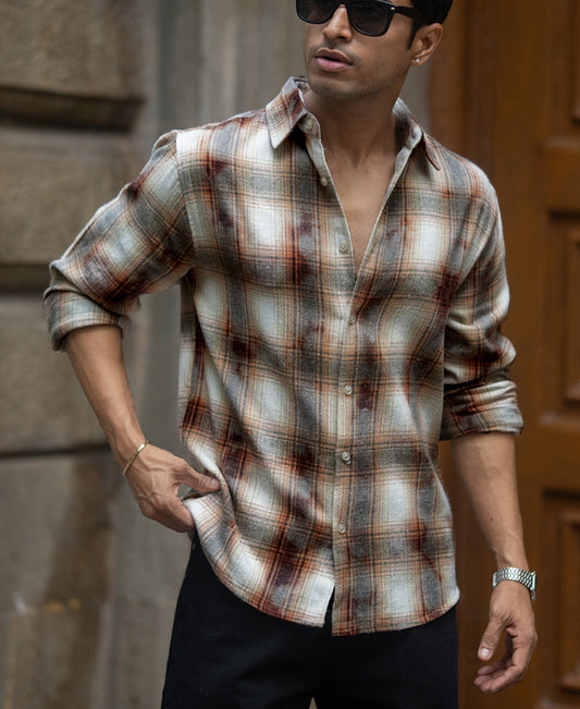 Beige Washed Checks Shirt