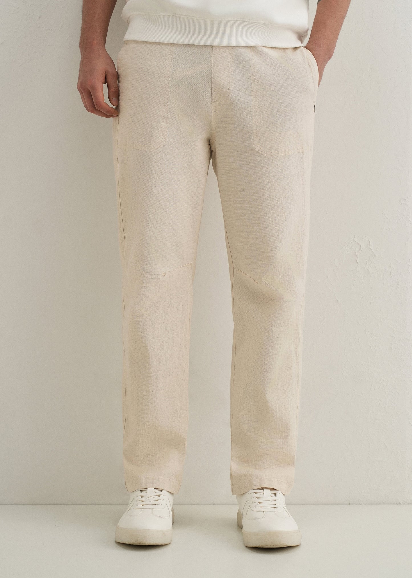 Beige Drawstring Cotton Linen Pant