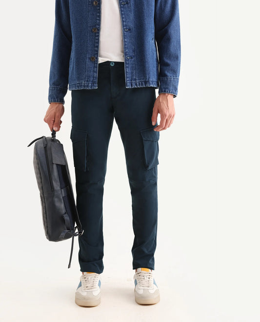 Rare Rabbit Men's Celu Navy Cotton Plain Slim Fit Cargos