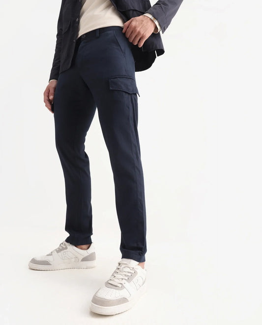 Rare Rabbit Men's Curo Navy Cotton Plain Regular Fit Cargos