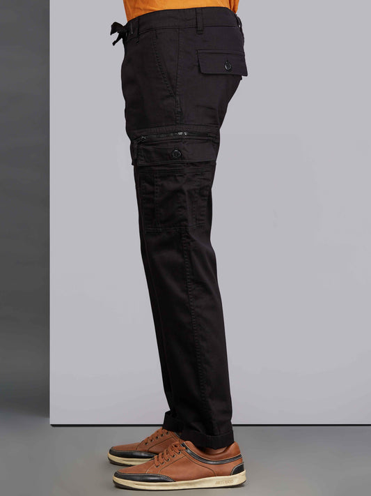 Zip Pocket Stretchable Black Cargo