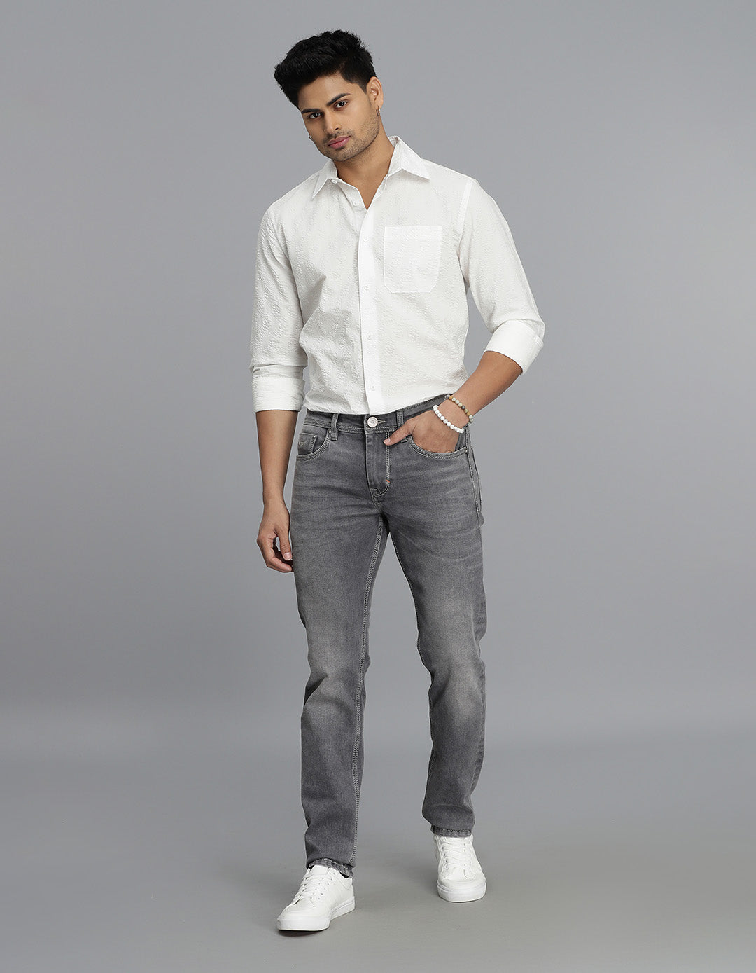 Grey 5 Pocket Mid-Rise Slim Straight Fit jeans