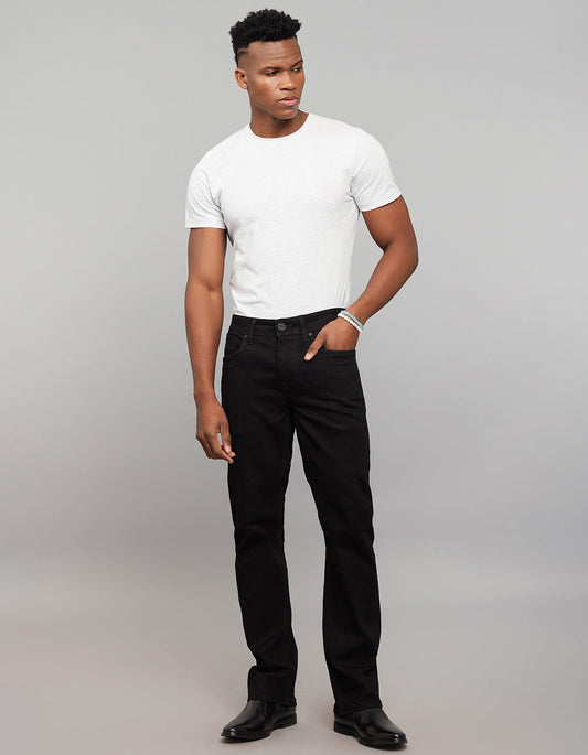 Black 5 Pocket Mid Rise Loose Boot Leg Stretch Jeans