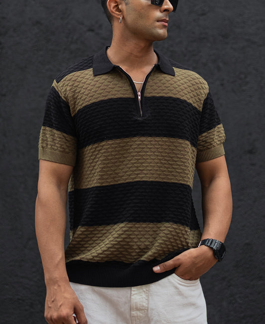 Olive Green and Black Structured Striped Regular Half Sleeves T Shirt