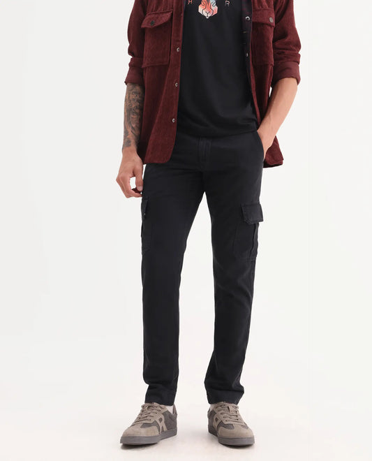 Rare Rabbit Men's Inbuil Black Cotton Plain Regular Fit Cargos