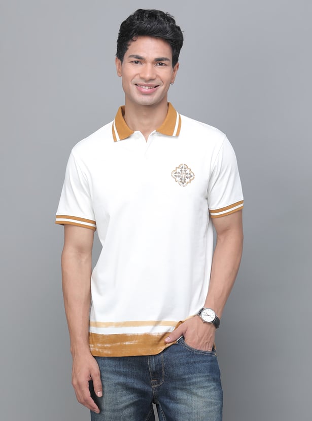 Men’s White Polo T-Shirt with Contrast Collar & Hem Detail