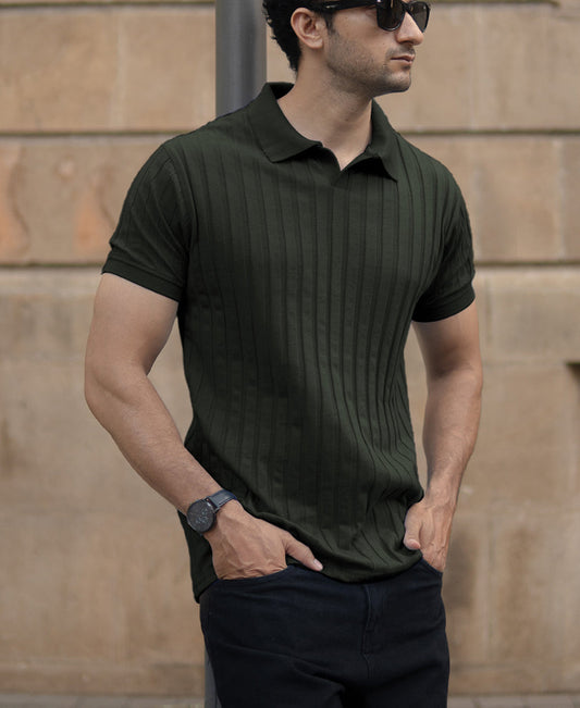 Dark Olive Self Stripe T-Shirt