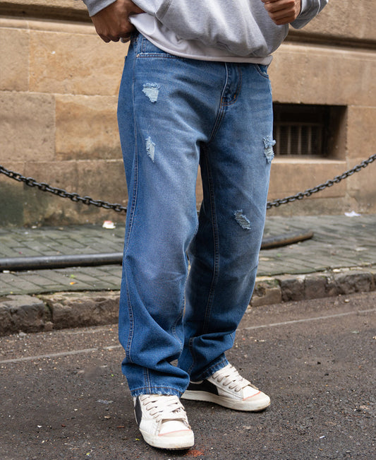 Dark Blue Panelled Distress Jeans