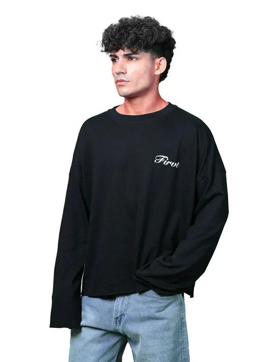 Black Oversized Ribbed T-Shirt with Minimal Text Print