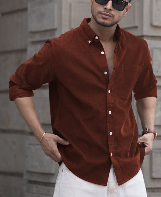 Brown Corduroy Regular Fit Full Sleeves Shirt