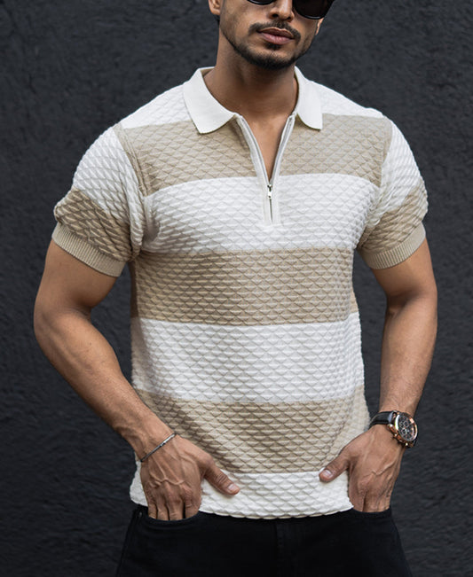 Off White Structured Striped Regular Half Sleeves T Shirt