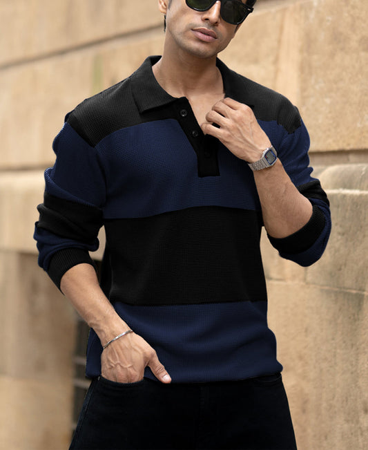 Blue Structured Knit Striped T-Shirt