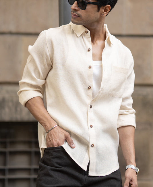 Light Beige Slub Textured Linen Shirt