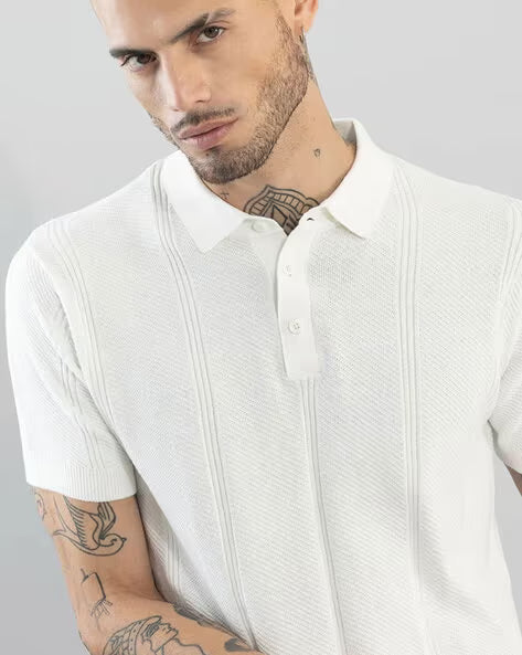 Men’s White Ribbed Polo T-Shirt | Premium Slim Fit Casual Wear