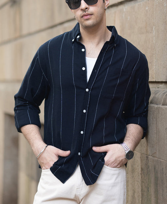 Navy Lightweight Linen Striped Shirt