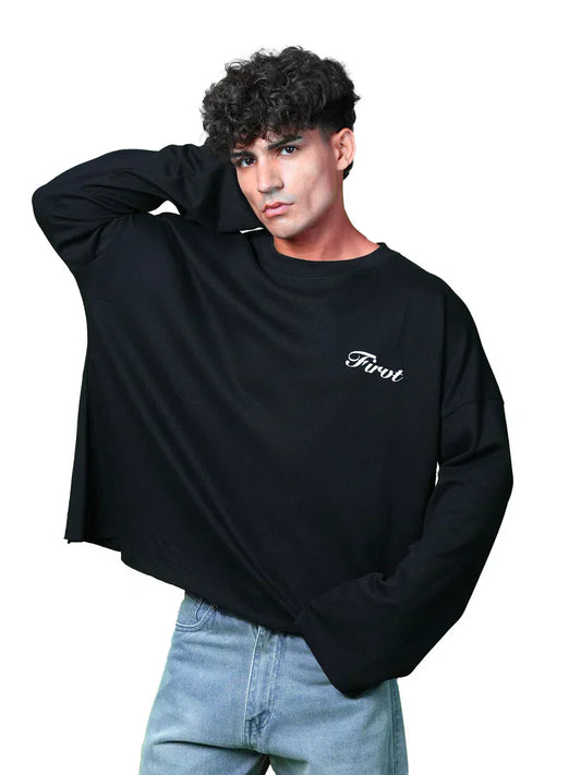 Black Oversized Ribbed T-Shirt with Minimal Text Print
