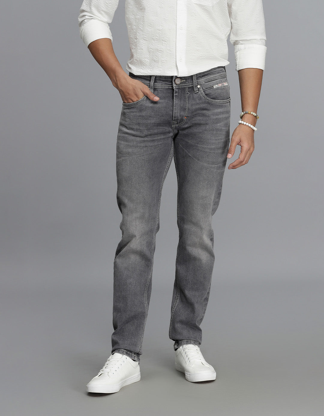 Grey 5 Pocket Mid-Rise Slim Straight Fit jeans