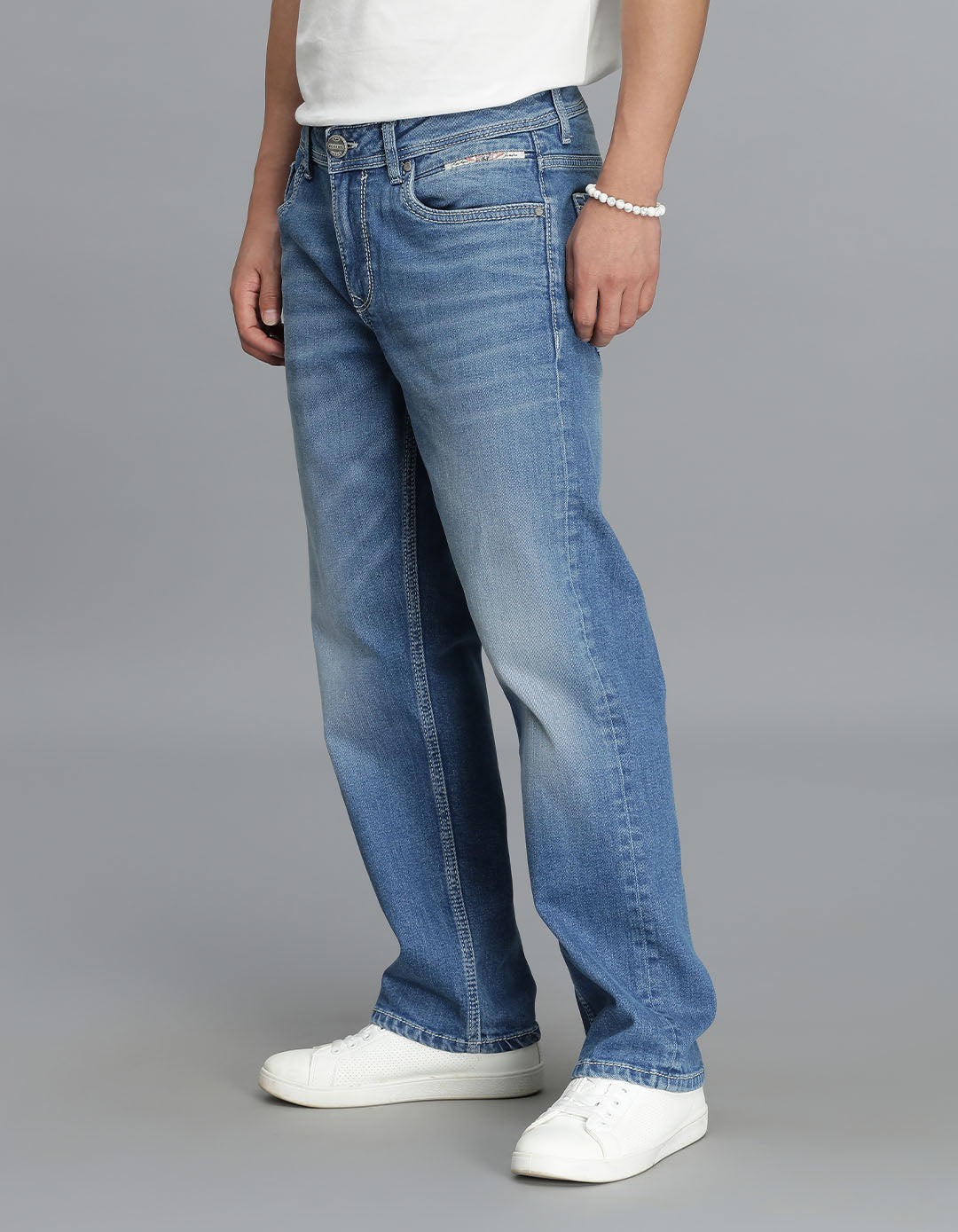 Med Blue 5 Pocket Midrise, Comfort Straight Fit Cropped Jeans
