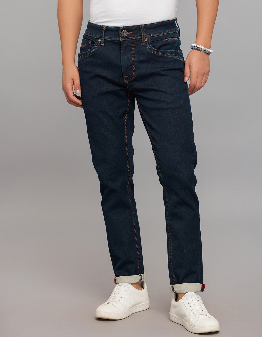 Dark Blue 5 Pocket Low-Rise Tapered Ankle Length Knit Denim Jeans