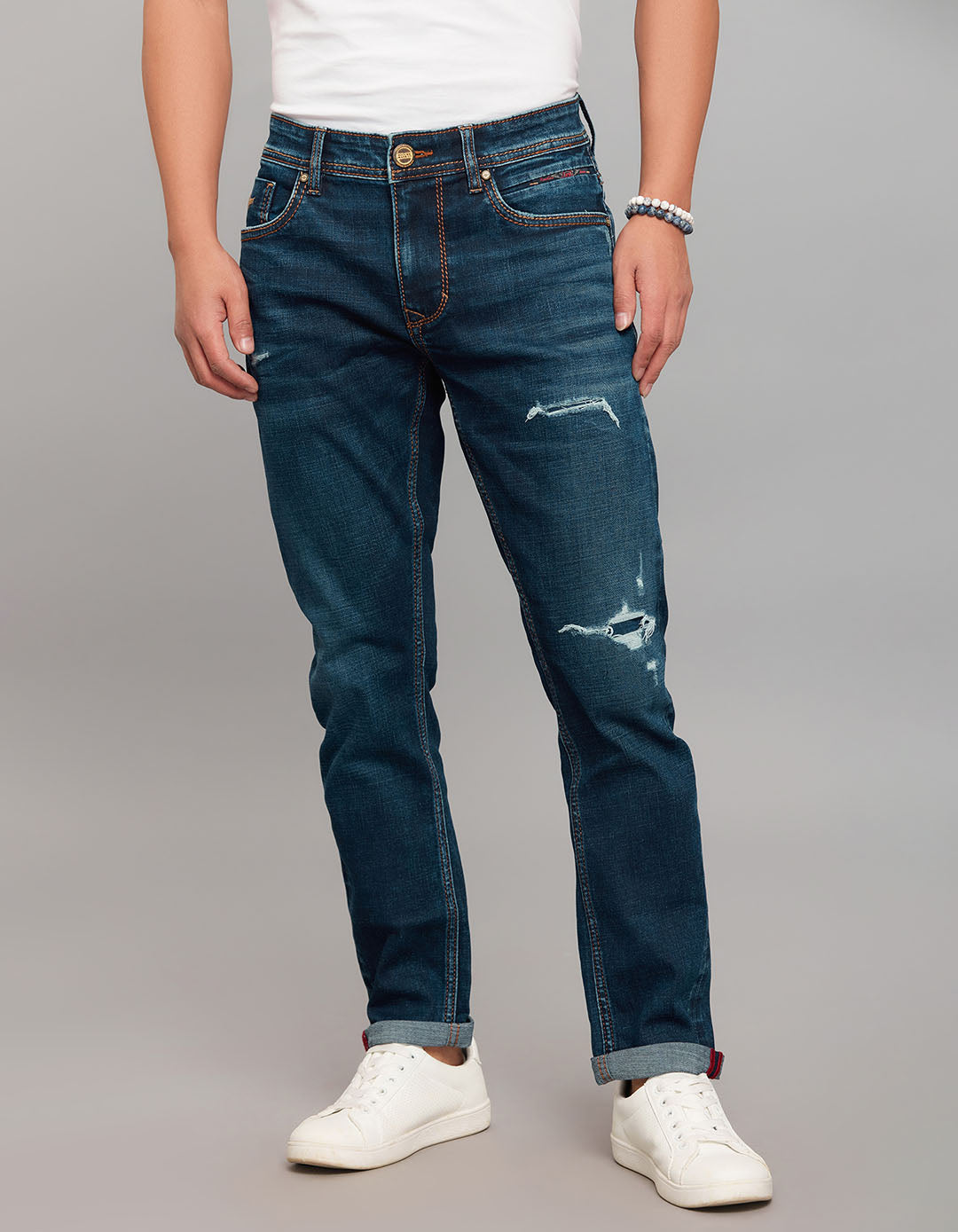 Dark Blue 5 Pocket Low-Rise Tapered Ankle Length Stretch Jeans